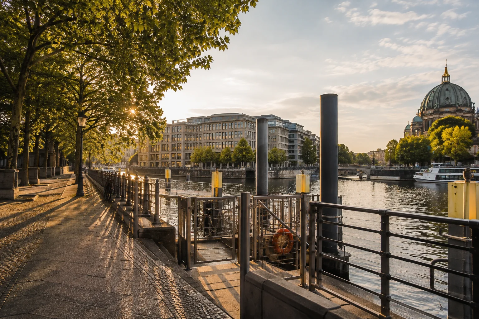 Zugang zum Anleger an der Spree mit Blick auf den Berliner Dom