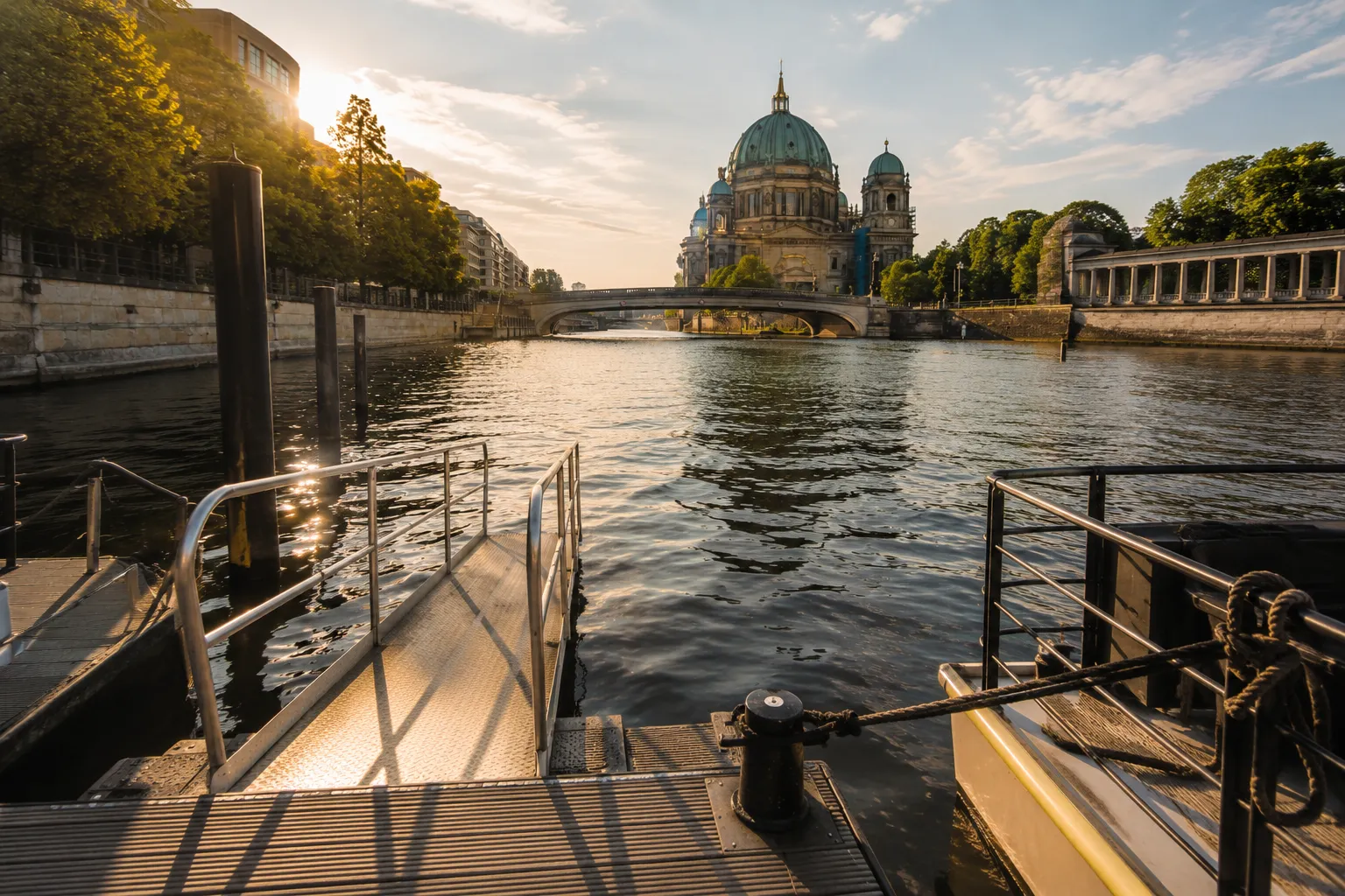 Boarding-Steg an der Spree im warmen Sommerlicht