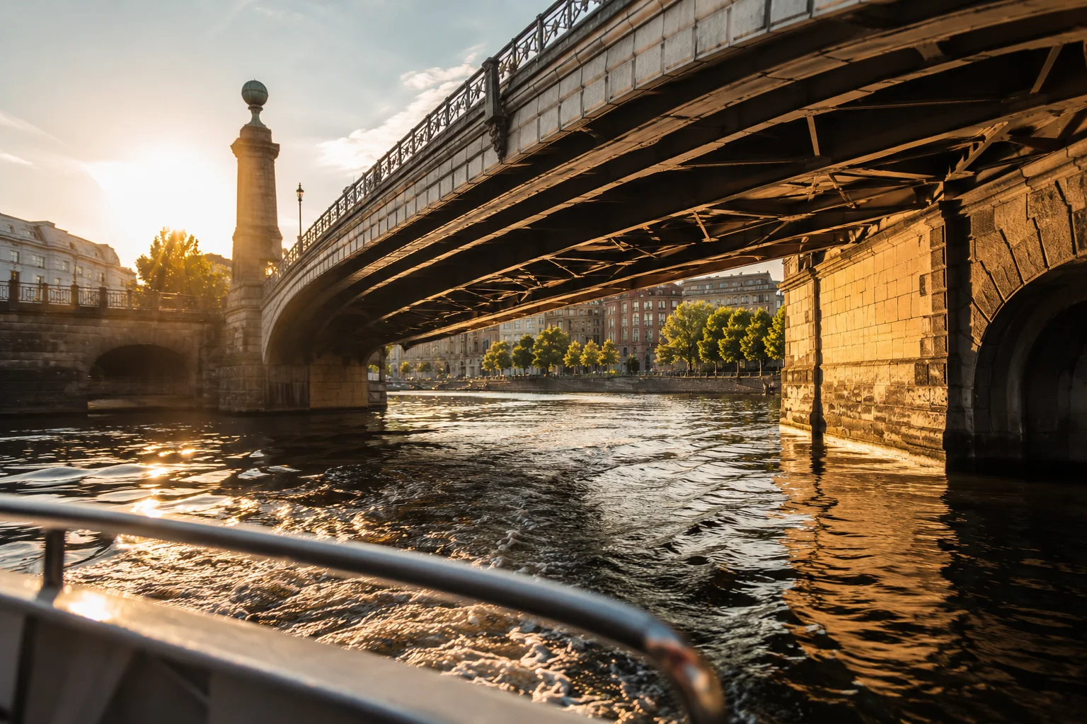 Bootsfahrt unter einer Berliner Brücke im warmen Abendlicht