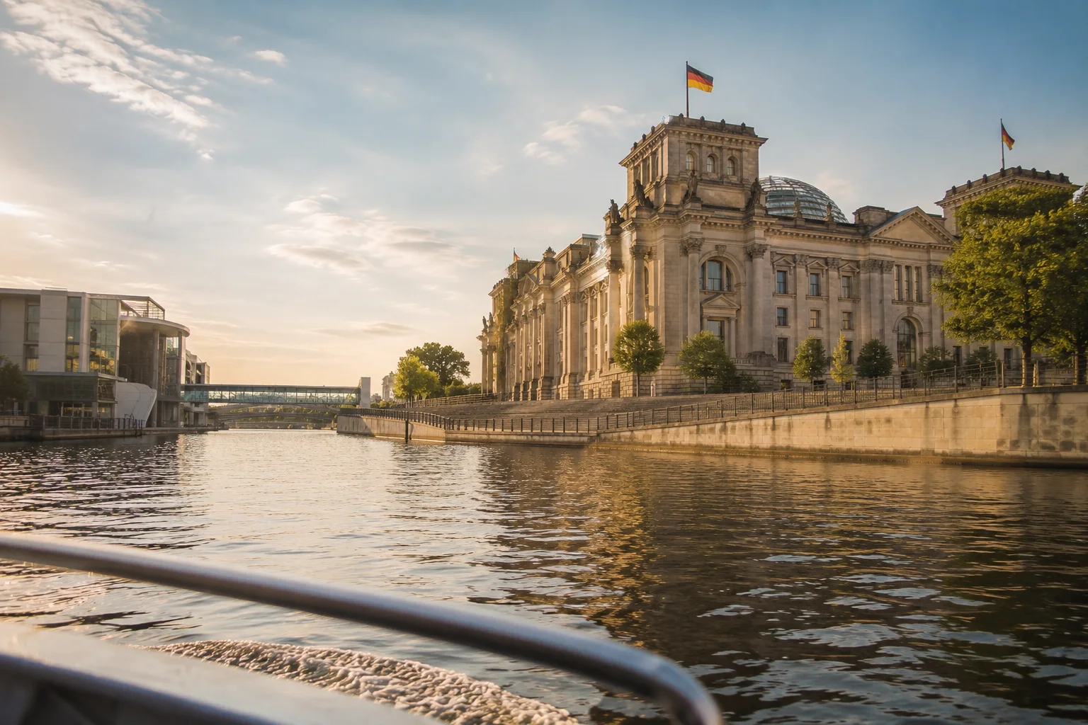 Reichstag und Spree im Berliner Abendlicht